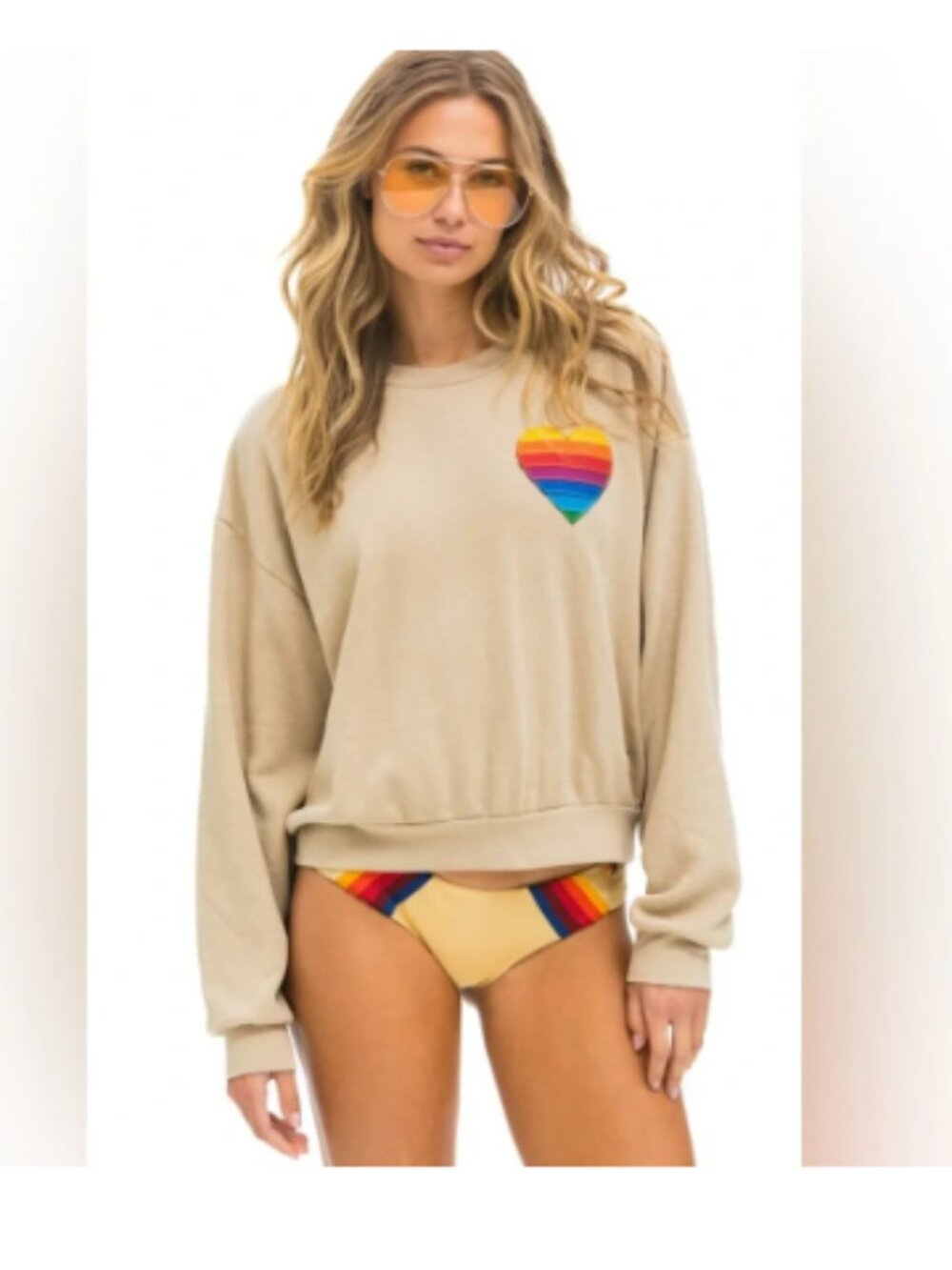 Aviator Nation Rainbow Heart Stitch Relaxed Crew Sweatshirt Sz XS